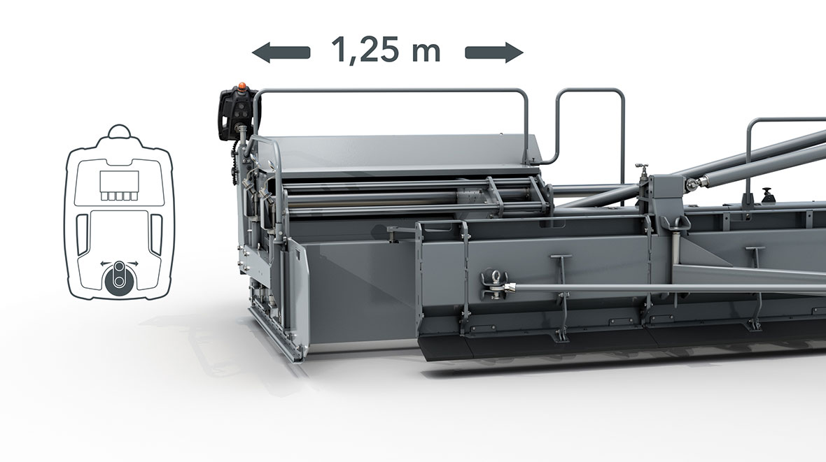 High flexibility: the newly designed extra-wide hydraulic bolt-on extensions allow the SB 300 and 350 Fixed-Width Screeds to be hydraulically adjusted by up to 2.5m.