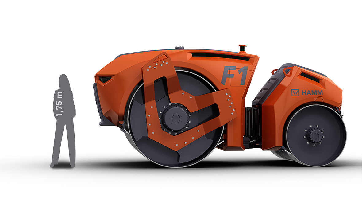 Design study “Autonomous Roller F1”: the elimination of the driver’s platform opens up numerous optimisation opportunities in design as well as for the construction process, for example the ratio of drum diameter to overall height.