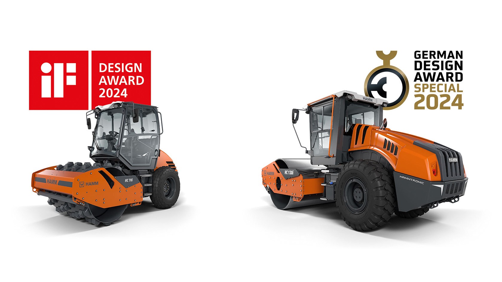 Serie HC CompactLine y rodillos de movimiento de tierras con el logo iF Design Award 2024 y Logo German Design Award 2024